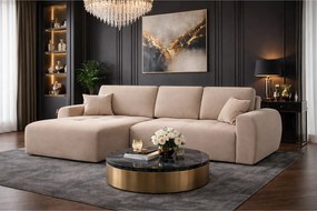 Narożnik w kształcie L z funkcją spania i pojemnikiem Ivo L, tkanina welurowa Salvador, Beżowy, Lewy