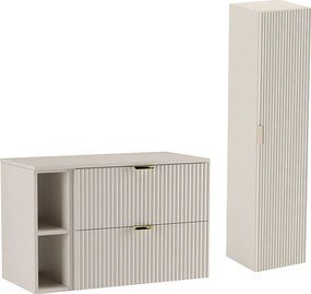 Kaszmirowy Zestaw Łazienkowy 100cm Szafka Blat Regał Słupek Ryflowane Fronty