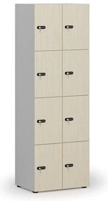 Drewniana szafka skrytkowa S4, 8 schowków, demontaż, zamek mechaniczny z kodem, szary/brzoza