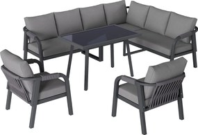 Salon Ogrodowy XL 8 Osób - Zestaw Jadalniany Narożny ze Stojącym Stołem i 2 Fotelami - Wykończenie z Plecionego Sznurka - Wytrzymała Stal Ocynkowana - Szary