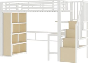 Łóżko na antresoli 90x200 cm - z biurkiem + przegródkami do przechowywania - z taśmą LED - z drabiną - Biały​ (materac nie jest wliczony w cenę)