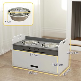 PawHut Podwyższana miska z szafką do przechowywania, 2 miski z pierścieniami antypoślizgowymi, 60 x 30 x 35,5 cm, Biały | Aosom PL