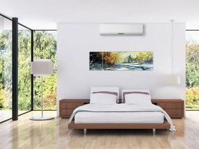 Obraz zimowej rzeki, obraz olejny (170x50 cm)
