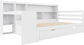 Sofa z funkcją spania z litego drewna 90x200 cm - z biurkiem + półkami - schowkami + półkami - z gniazdkami - z łóżkiem wysuwanym - biała