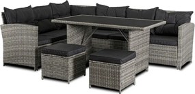 Zestaw Mebli Ogrodowych DALLAS Szary/Czarny Narożnik Pufy Stolik Tarasowy Technorattan Nowoczesny