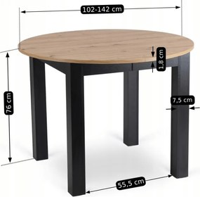 Zestaw Stół Okrągły Rozkładany HARRY 102-142 cm Dąb Artisan/Czarny i 4 Krzesła Tapicerowane BARI Szare Nowoczesne