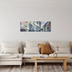 Obraz - Aleja starego miasta, malarstwo akrylowe (z zegarem) (90x30 cm)
