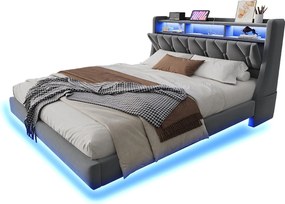 Łóżko tapicerowane 180×200 cm - zagłówek składany - z gniazdkiem - z oświetleniem LED - tkanina aksamitna - szare (materac nie jest zawarty)