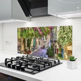Panel Szklany do Kuchni Malownicza Uliczka w Kwiatach