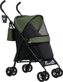 PawHut Wózek dla Zwierząt z Siatkowymi Oknami i Smyczami Bezpieczeństwa, 76Dł x 44S x 103W cm, Ciemnozielony