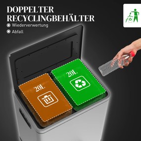 HOMCOM Kosz na śmieci z pokrywą i pedałem, Stal nierdzewna, Komory 2x20 L, Srebrny