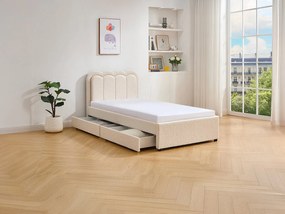 Łóżko 90 x 190 cm z 2 szufladami - Z oświetleniem LED - Tkanina bouclette - Kremowe - NESTIAKO