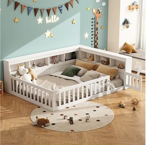 Łóżko dziecięce 2-osobowe - 140 x 190 cm - szafka nocna z miejscem do przechowywania + gniazdko + USB - z podstawą listwową - płyta wiórowa - białe