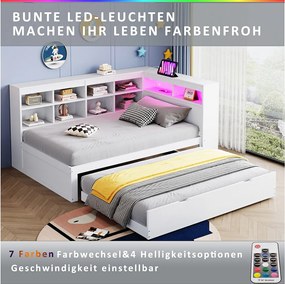 Sofa rozkładana tapicerowana - 90 x 200 cm + 90 x 190 cm - LED i gniazdka - ze schowkiem - Tkanina flanelowa - biała