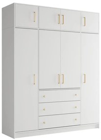 Szafa 4-drzwiowa z 3 szufladami - szer. 196 cm - Biały + Nadstawka - LIZANDRO