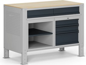 Stół warsztatowy G9, 1 półka, 1 szafka, 2 szuflady, z regulacją wysokości, 1180 x 595 x 715-975 mm, szary/grafitowy