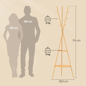 HOMCOM Wolnostojący wieszak z 9 haczykami i 2 półkami do przedpokoju, kolor naturalny | Aosom PL