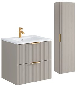 Szafka łazienkowa z prążkowaną fakturą, z wpuszczaną umywalką i słupkiem – kolor beżowy – 60 cm – ZEVARA