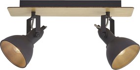 Czarny reflektor sufitowy z drewnem, 2-punktowy, obrotowy i przechylny - Jakub