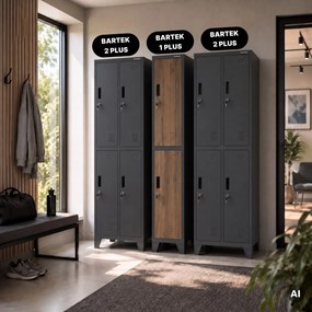 Szafka ubraniowa metalowa pracownicza głęboka 2-drzwiowa antracyt/orzech, 292x1720x600 mm: BARTEK 1 Plus D600 Eco Design