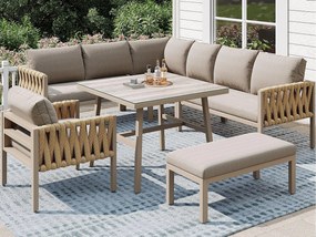 Zestaw mebli ogrodowych - z liną - z galwanizowanej stali, regulowane nogi, narożna sofa, 1 fotel, 1 stołek, beżowy