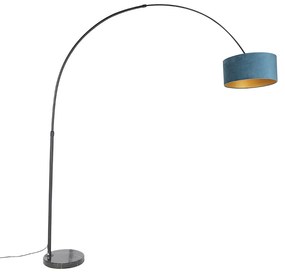 Lampa łukowa czarny abażur aksamitny niebieski ze złotem 50 cm - XXL
