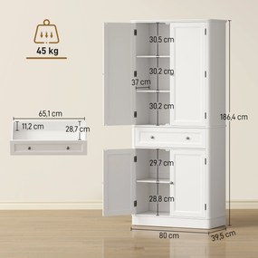 HOMCOM Szafka kuchenna z 4 drzwiami, szufladą i regulowanymi półkami do kuchni, 80 x 39,5 x 186,4 cm biały | Aosom PL