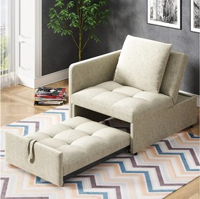 Sofa rozkładana, tapicerowana z regulowanym oparciem, beżowy len - idealna do salonu i sypialni