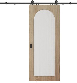 Drzwi przesuwne naścienne z drewna i płyty MDF - łuk z karbowanego szkła hartowanego - W205 x S83 cm - ODEZA