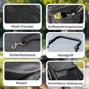 PawHut Wózek dla Psów, Lekki i Składany Transport dla Małych Psów, Zmywalna Poduszka, Okna z Siatki, Szary