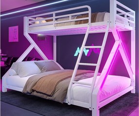 Łóżko piętrowe 90x200cm + 140x200cm - konstrukcja stalowa - z LED - z barierkami bezpieczeństwa i drabiną - biały​ (materac nie jest wliczony w cenę)