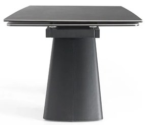 Elegancki stół z szarym ceramicznym blatem na hartowanym szkle. Metalowa podstawa z czarnej stali nadaje mu nowoczesny charakter i wyjątkową trwałość.