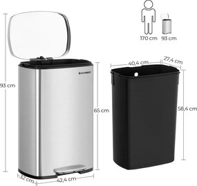 Kosz na śmieci TIDY z wolnym zamykaniem, 50 l, srebrny SongmicsHome