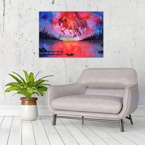 Obraz na szkle - Pojawienie się kosmicznych koni nad jeziorem, akwarela (70x50 cm)