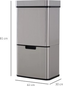 HOMCOM Kosz na śmieci z czujnikiem 72 l System segregacji 3 komory stal nierdzewna srebrny 42 x 30 x 81 cm