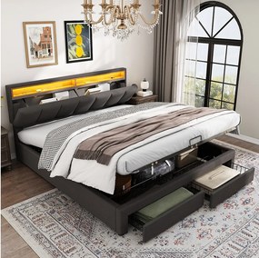 Łóżko hydrauliczne ze schowkiem 160x200 cm w kolorze szarym lnianym ze zintegrowanymi diodami LED, wysuwanym zagłówkiem, 2 szufladami i schowkami