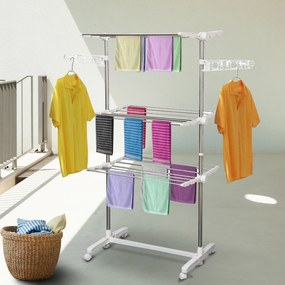 HOMCOM Suszarka na pranie składana z kółkami 3 poziomy regulowana wieszak na ubrania 80-142x55x152 cm | Aosom PL