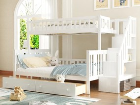 Łóżko piętrowe 90/140x200 cm z litego drewna - z schodami do przechowywania i 2 szufladami - Białe