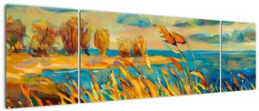 Obraz - Zachód słońca nad jeziorem, obraz akrylowy (170x50 cm)