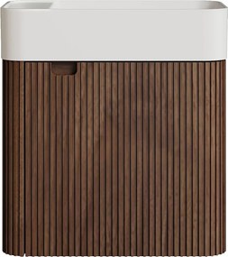 Wisząca szafka pod umywalkę z prążkowanego drewna jesionowego z umywalką z matowej białej żywicy - Ciemny naturalny - 45 x 25 x 48 cm - JONSA