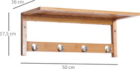 HOMCOM Wieszak ścienny z haczykami, montaż ścienny oszczędzający miejsce, nośność 5 kg, 50 x 16 x 17,5 cm drewno naturalne