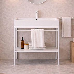 Zestaw umywalka z konglomeratu NAVI 70 x 45 cm + stojąca konsola NAVI Step | Różne kolory | Różne rozmiary : Kolor - Biały, Otwór na baterię - Dwa otwory, Rozmiar - 100 x 45 cm