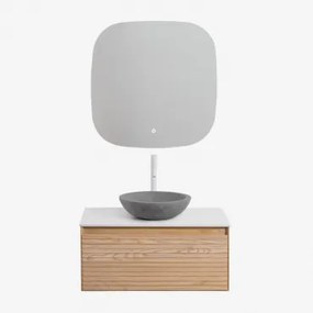 Zestaw Wiszących Mebli Łazienkowych Z Drewna Jesionowego Tedrik Popielaty Brąz & Okrągły Szary Cement Ø40 Cm - Sklum