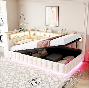 Łóżko dziecięce z pojemnikiem - 90 x 200 cm - sofa tapicerowana z funkcją spania, z hydraulicznym pojemnikiem + półka + diody LED - welur - beż