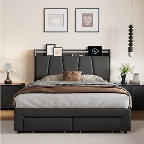 Tapicerowane łóżko 4 w 1 ciemnoszare 140x190 cm z przechowywaniem, wielokolorowym LED i portem USB, styl nowoczesny w tkaninie lnianej