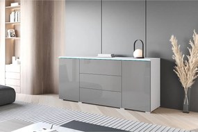 Nowoczesna komoda 150 cm do salonu z LED – korpus biały mat, fronty szary połysk, 3 szuflady i 2 szafki