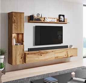 Nowoczesna meblościanka 3-elementowa do salonu z LED, mat, słupek i szafka RTV 180 cm, dąb wotan