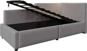 Łóżko ze schowkiem 90x190 cm, szary aksamit, sofa rozkładana z lampką do czytania i funkcją ładowania przez USB, bez materaca