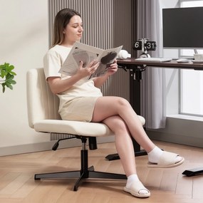 HOMCOM Fotel do pracy w domu, regulowany fotel obrotowy z materiałem imitującym len, fotel do siedzenia z założonymi nogami, do 120 kg, kremowy | Aosom PL