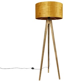 Rustykalna lampa stojąca na trójnogu z drewnianą podstawą i złotym kloszem 50 cm - Tripod Classic Rustykalny / Vintage Oswietlenie wewnetrzne